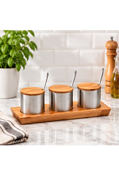 İkram Dünyası 3-Piece Steel Spice Jar Set with Wooden Lid, Stand, and Spoon