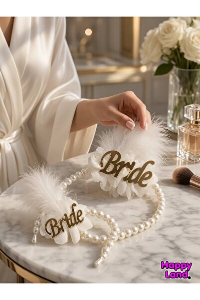 Happyland Bride Pearl Crown and Bracelet Set Gold Detailed Bridal Bachelorett...