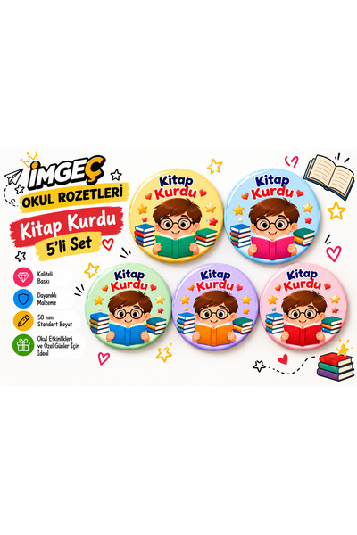 Okul Rozetleri Çoklu Seri 5' li Set- 'Kitap Kurdu'