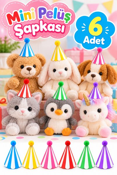 GREATOY Mini Peluş Parti Şapkası 6'lı Set Renkli Çizgili Ponponlu Doğum Günü ...