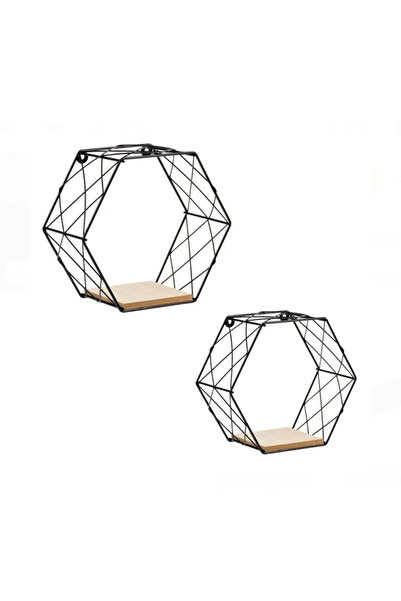HYVESTO Set 2 Rafturi Suspendate Decorative Hexagonale din Metal si MDF (2 Marimi: 29 cm si 23 cm), Etajere de Perete Stil Industrial/Scandinav, Accesorii de Montaj Incluse, Negru/Lemn Natur