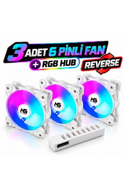 Next Gaming Orion 3 Adet Reverse (Ters Bıçak) RGB 6 Pin 120mm Beyaz Fan + RGB Hub Set
