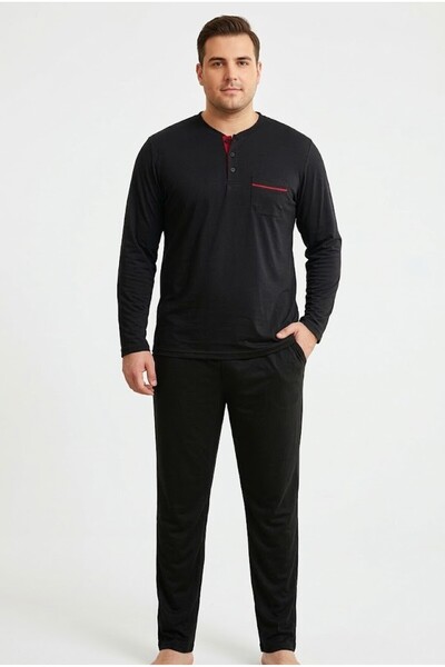 REN Men's black plus size pajama set, 100% cotton jersey pajama set, 3-button...