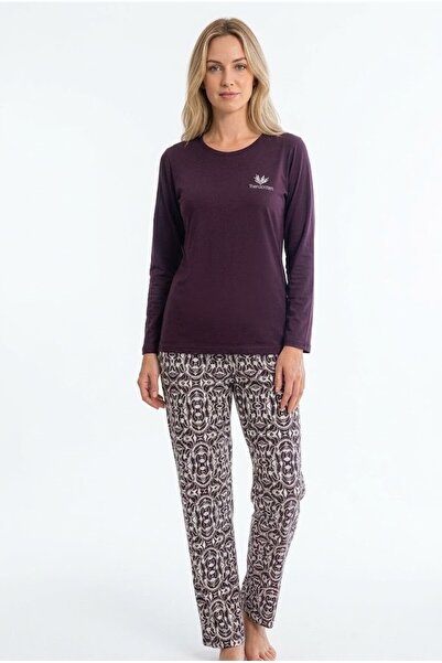 REN Women's purple 100% cotton jersey pajama set, crew neck, long sleeve, wom...