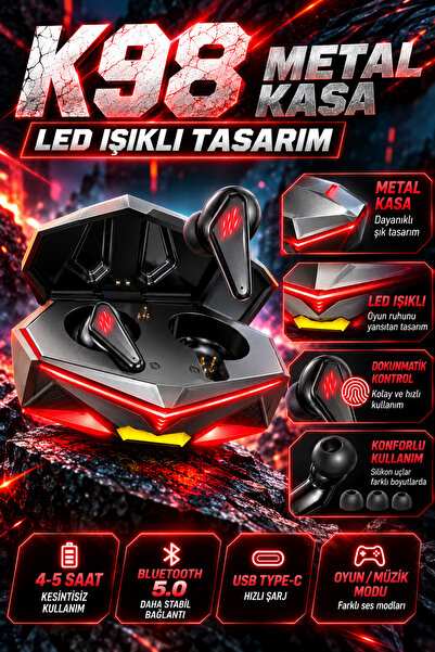 Deseja K98 Minimum Işıklı Metal Kasa Bluetooth Oyuncu Kulaklığı Kulak içi Kulaklık