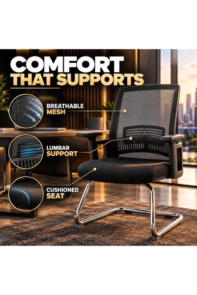 THE RED CREW COMFY-V Visitor Chair, Ergonomic Mesh Back, Adjustable Lumbar Support & Armrests, Cushioned Seat, Premium Chrome Cantilever Base, Office & Meeting Chair