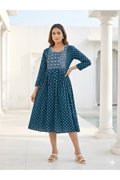 MYSMAR Teal-Blue Embroidered Rayon Anarkali Kurti - VVB9529 | Teal-Blue-Size:...