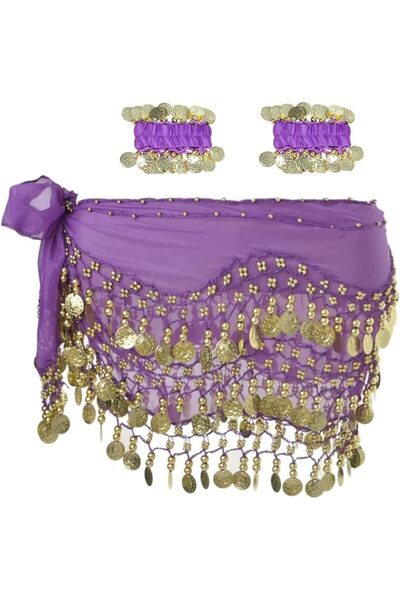 Generic Belly Dance Hip Scarf with Bracelet, 98 Gold Coins Chiffon Belly Danc...