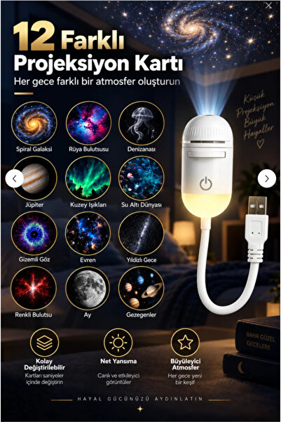 TEKNO 12 Projeksiyon Kartlı 2’si 1 Arada USB Gece Lambası ve Yıldız Projektör...