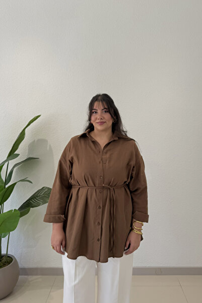 CHUL Büyük Beden Kadın İnce Gabardin Keten Kemerli Oversize Gömlek - Kahve