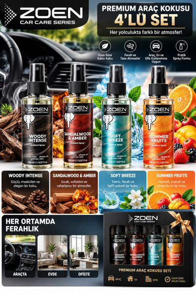 4'lü Araç Kokusu Seti 4 x 150 ml | Woody Intense, Sandalwood & Amber, Soft Breeze, Summer Fruits | Oto Koku Spreyi