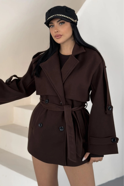 PRİFALDİ Agli̇mmer Vi̇ral Women's Cape Collar Belted Short Lined Light Brown ...