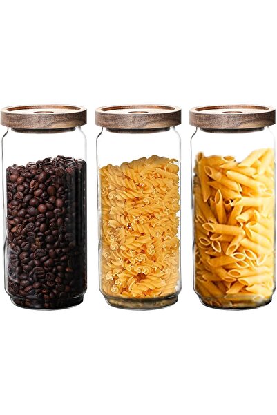 Generic Glass Storage Jars with Acacia Wood Lids -Set of 3 Transparent Borosi...