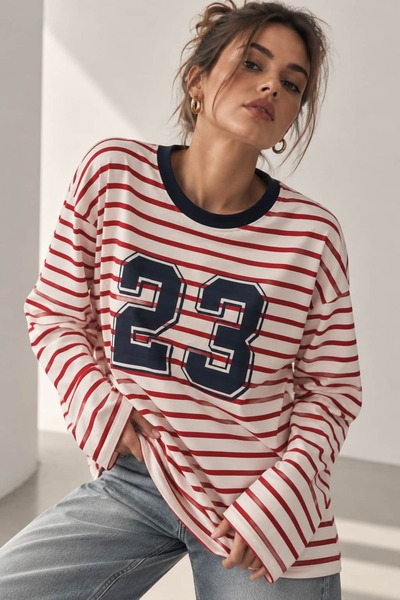 bb butik basic 23 Printed Striped Oversize Modal Long Sleeve Blouse - Red Fw3424