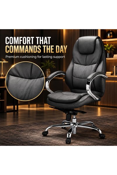 THE RED CREW Minister-H Executive Office Chair, High Back PU Leather Computer Chair with Padded Armrests, 5-Position Locking Recline, Height Adjustment, Chrome Base, Black, 2-Year