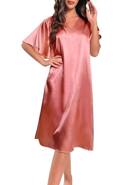 Generic Women's Satin Nightgown V Neck Ruffle Short Sleeve Silk Long Nightdre...