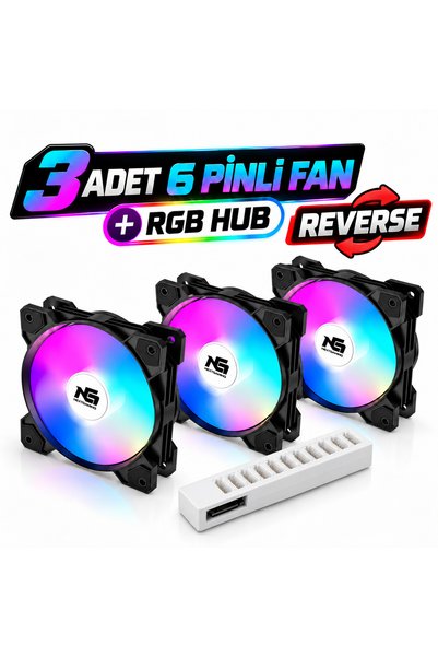 Next Gaming Orion 3 Adet Reverse (Ters Bıçak) RGB 6 Pin 120mm Siyah Fan + RGB Hub Set