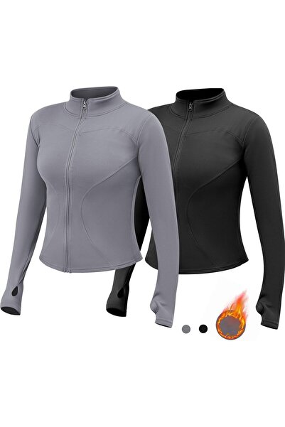 Generic Womens Thermal Gym Tops Shirts 2 Pcs Zip up Long Sleeve Womens Sport ...