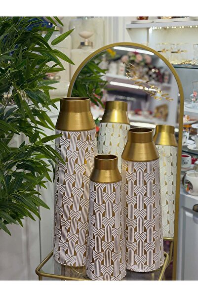 city gold 3’lü Metal Dekoratif Vazo Gold-Beyaz 60-50-40cm