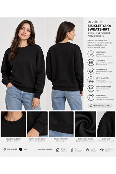 Kadın Mevsimlik Bisiklet Yaka Sweatshirt Esnek Tüylenme Bitlenme Tapmaz Şardonsuz Düz Kumaş Pamuk Penye Ve Esnek Kumaş Düz Sade Ve Baskısız Uzun Kollu