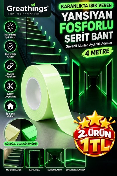 Greathings 4 Metre 2 cm Fosforlu Yeşil Şerit Bant Karanlıkta Parlayan Kendind...