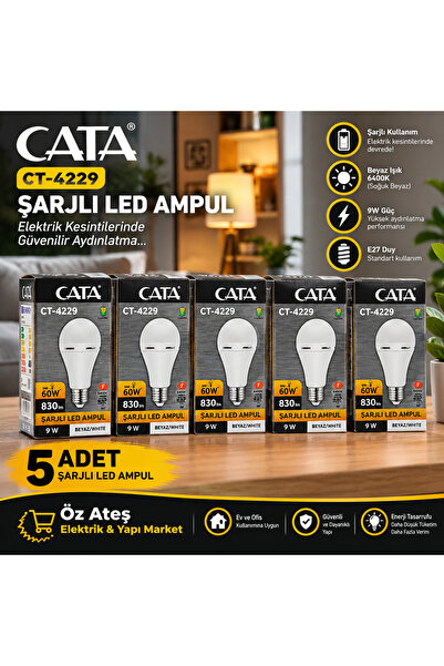 Cata CT-4229 9W Şarjlı LED Ampul – 6400K Beyaz Işık