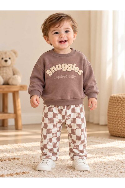 kidsense Baby Boy Embroidered Sweatshirt Checkered Patterned Pants Set