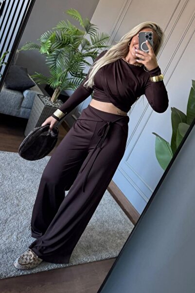 aura7 collection Kadın Giyim Kruvaze Crop Bluz Ve Bağlamalı Palazzo Pantolonl...