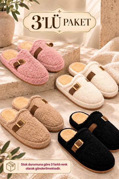 Ayakkabı Consept Kadın Peluş Ev Terliği 3’lü Paket Tokalı Yumuşak Tabanlı Sıcak Kışlık Terlik