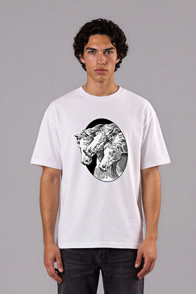 VSRN Tricou oversize alb cu imprimeu frontal cu design 3 Kafa At Design
