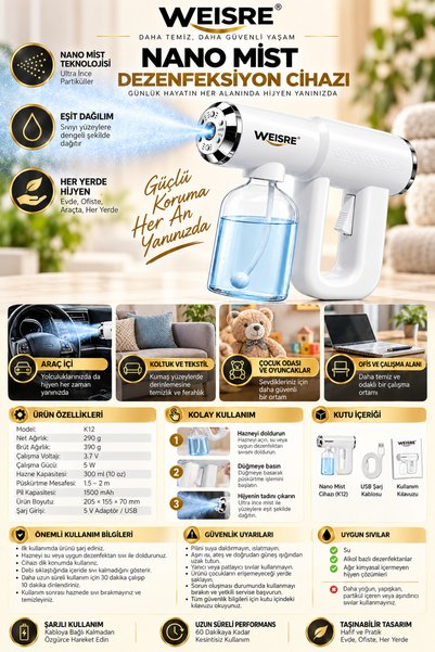 Weisre Şarjlı İnce Sis Püskürtme Dezenfektan Cihazı 300 ml Hazne 1500 mAh Kablosuz Yüzey Spreyi