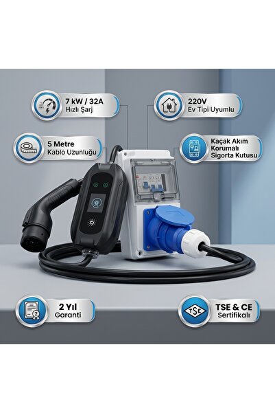 ReparAuto Elektrikli Araç Şarj Cihazı Ve Sigorta Kutusu İkisin bir arada 7 Kw Ev Tipi Priz İçin 5 Metre Kablolu TSE CE
