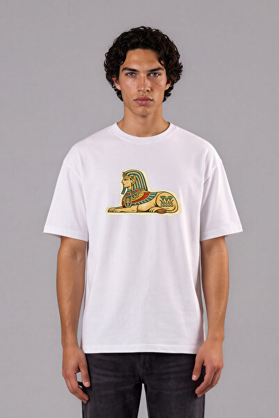 VSRN Tricou supradimensionat alb cu imprimeu frontal cu design egiptean antic