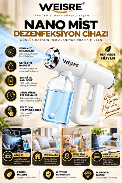 Weisre Şarjlı İnce Sis Püskürtme Dezenfektan Cihazı 300 ml Hazne 1500 mAh Kab...