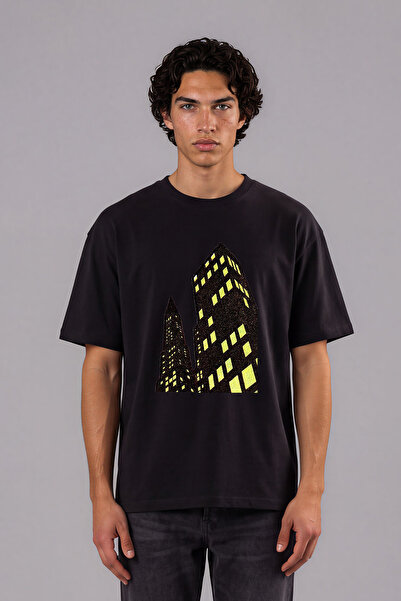 VSRN Tricou negru supradimensionat cu imprimeu frontal London Buildings Design