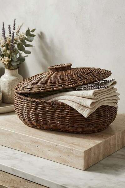 ÇELİKAY Rattan Plastik Kapaklı Örme Oval Hasır Sepet SVR-BJ72426