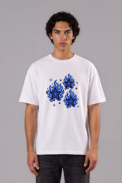VSRN Tricou supradimensionat alb cu imprimeu frontal Blue Star Design