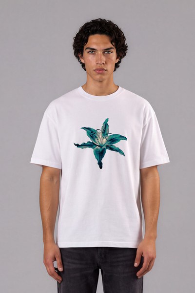 VSRN Tricou supradimensionat alb cu imprimeu frontal cu design floral verde