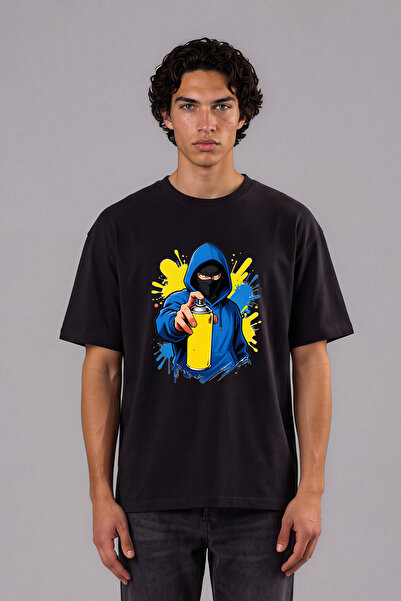 VSRN Tricou oversize negru cu imprimeu frontal Graffiti Blue Design