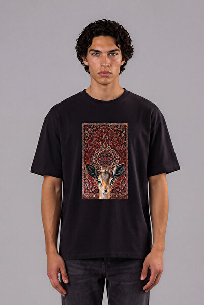VSRN Tricou oversize negru cu imprimeu frontal cu design etnic Puppy Deer