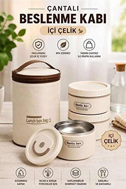 ÇELİKAY Isı Yalıtımlı Çanta 3 Parça Vakumlu Yemek Termosu Beslenme Kutusu Lun...