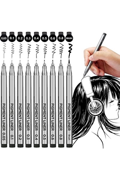 Generic أقلام دقيقة للرسم الدقيق، مجموعة من 9 أقلام حبر أسود رفيعة، حبر مقاوم...