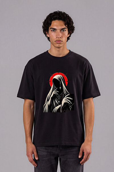 VSRN Tricou negru supradimensionat cu imprimeu frontal, cu design atractiv pe...