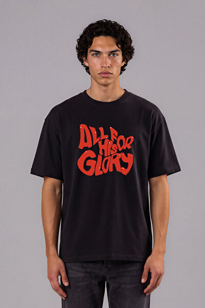 VSRN Tricou negru supradimensionat cu imprimeu frontal All For His Design