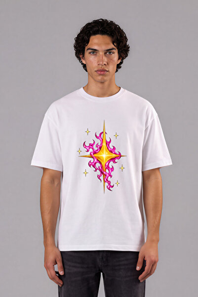 VSRN Pink Flame Star Design Pre-Printed White Oversize T-Shirt