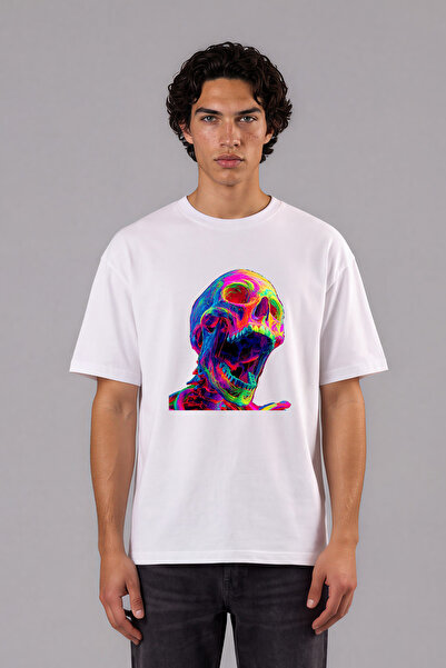 VSRN Tricou oversize alb cu imprimeu frontal cu design colorat cu schelet