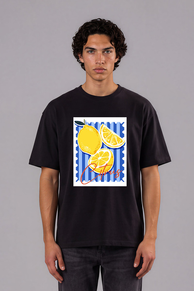 VSRN Tricou oversize negru cu imprimeu frontal Citrus Design