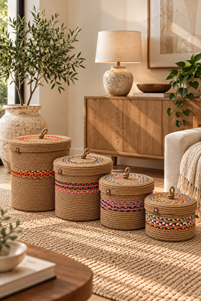 MaVaux Zelira Jute Basket with Lid Set of 4 – Authentic Colored Weave - Handm...