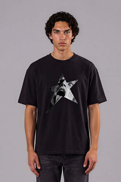 VSRN Tricou oversize negru cu imprimeu frontal Star pentru femei