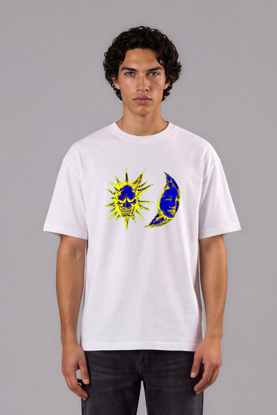 VSRN Tricou oversize alb cu imprimeu frontal cu design Lună și Soare